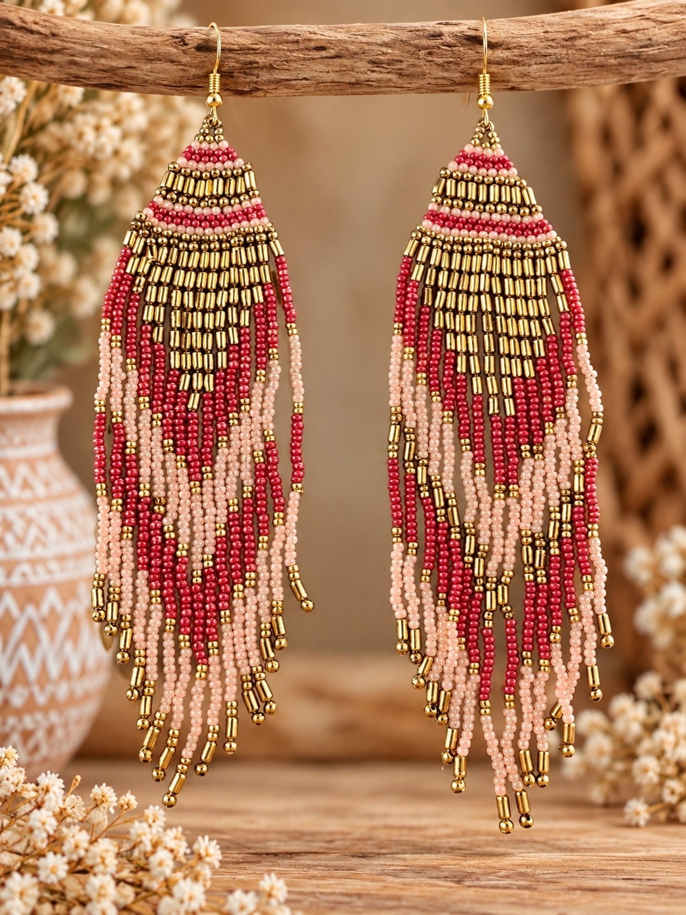 Boho Pink & Gold Beaded Fringe Earrings Long Statement Dangle